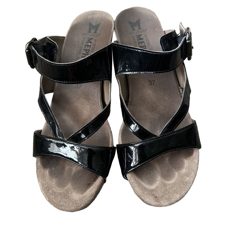 MEPHISTO STRAPPY CRYSTAL SANDALS BLACK PATENT LEATHER‎ WEDGE HEELS 37